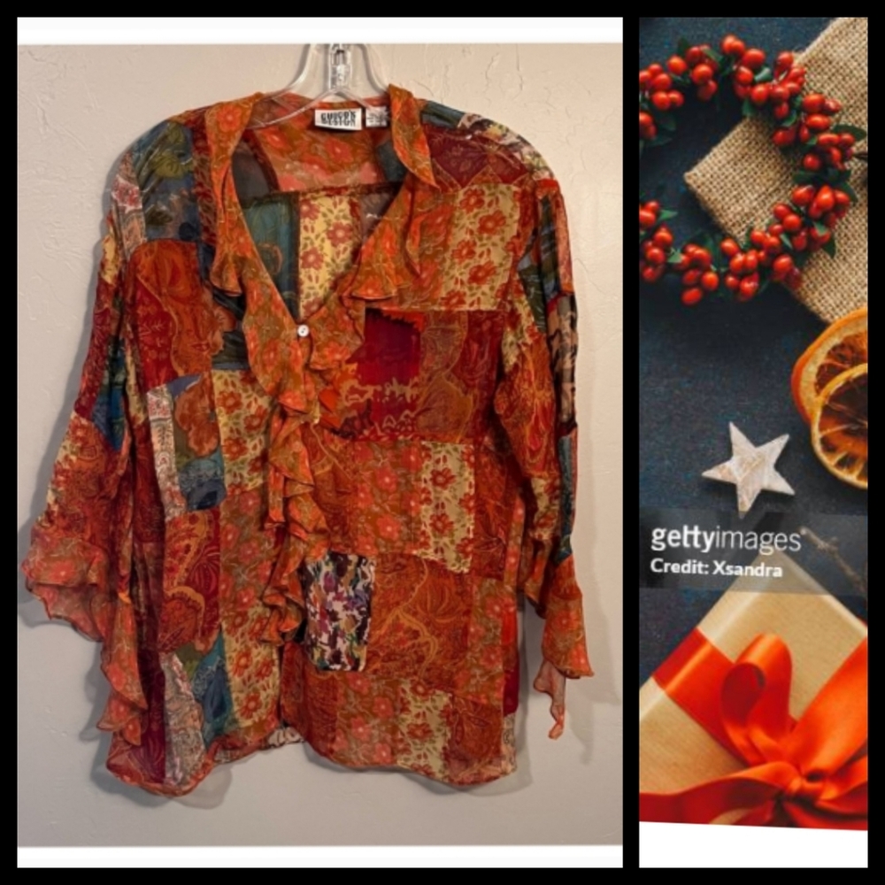 Chico's Design Whimsy Goth Silk Patchwork Button Down Ruffle Blouse Sz 1 MEDIUM●